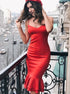 Red Sheath Spaghetti Straps Satin Homecoming Dress with Ruffles LBQH0013